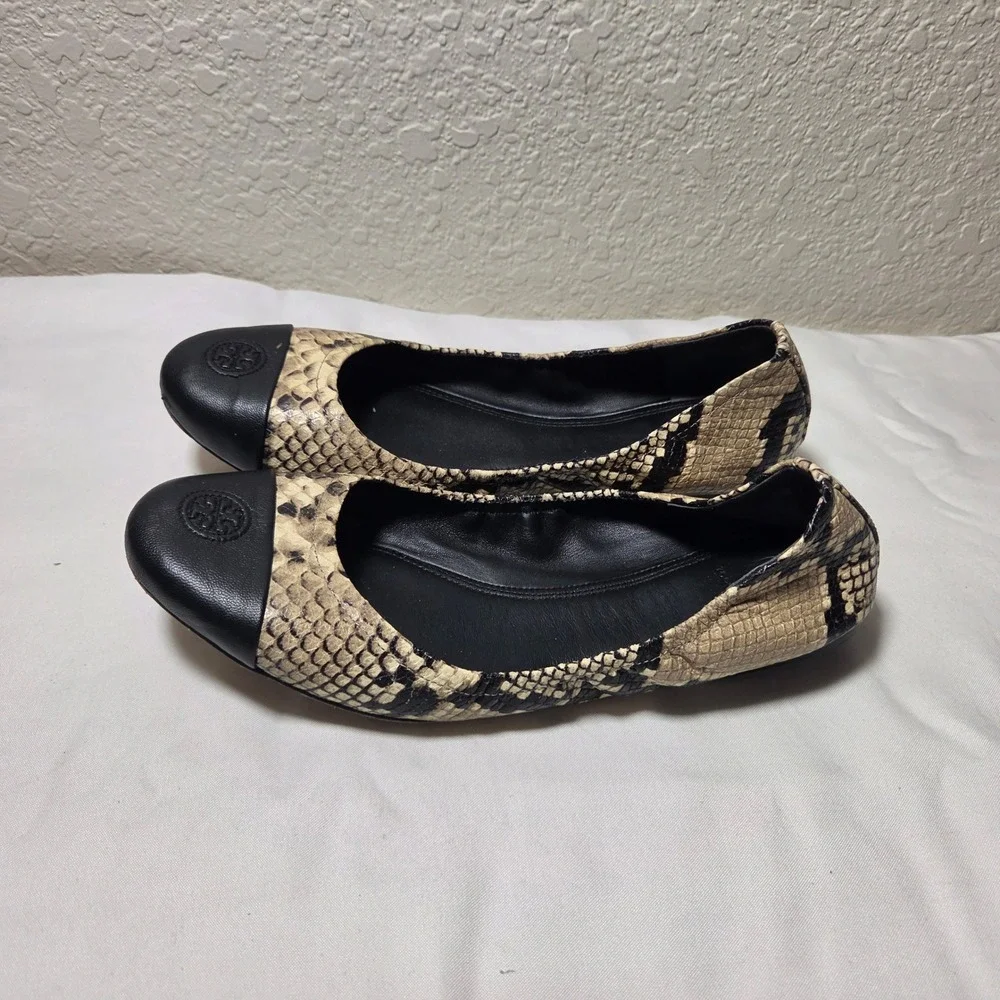Tory Burch Minnie Snake Embossed Leather Ballet Flats Black Cap Toe 9.5M 7149